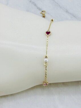 Genuine 10K gold hearts and pearl bracelet - minimalist bracelet
